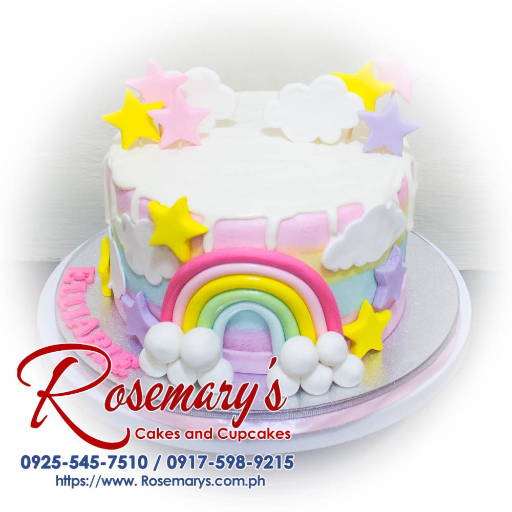 Pastel rainbow themed 1-layer cake from Rosemary's Cakes, perfect for weddings and anniversaries. Contact: 0917-598-9215.