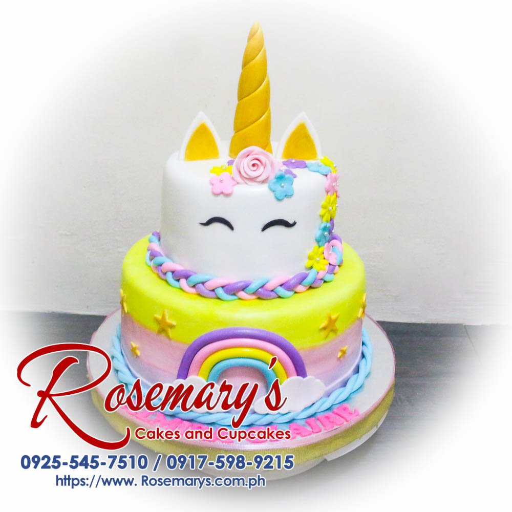 Colorful 2-layer pastel unicorn cake, perfect for wedding anniversaries. Crafted by Rosemary's Cakes. Contact: 0925-545-7510.