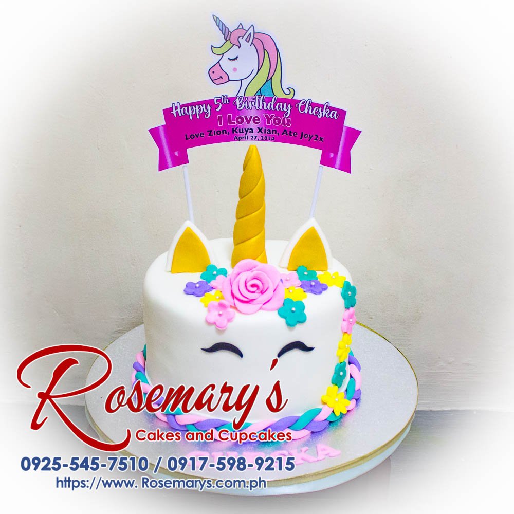 Pastel Unicorn Themed Cake for Cheska’s 5th Birthday Delicious one-layer pastel unicorn cake with fondant details. Perfect for birthdays! Order from Rosemary's Cakes: 0925-545-7510.