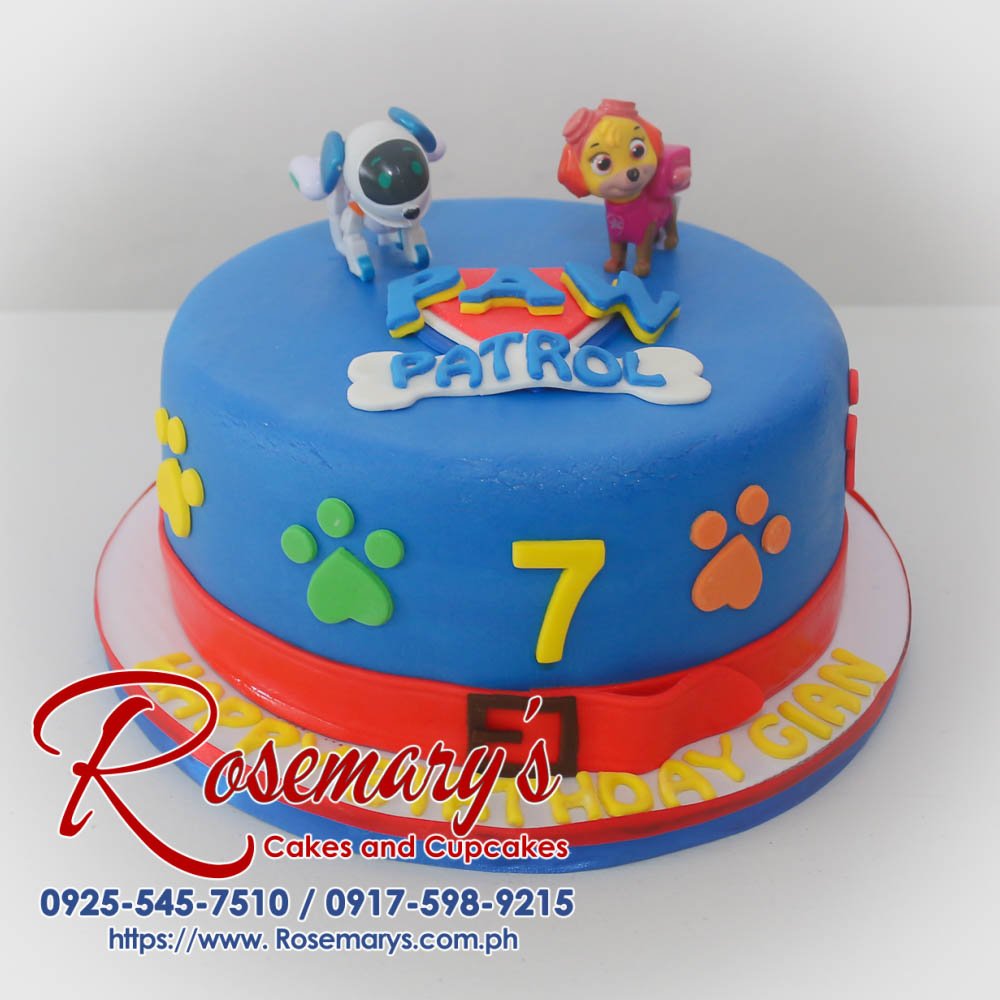 Delicious one-layer blue and red Paw Patrol themed cake. Perfect for birthdays! Order yours from Rosemary's Cakes: 0917-598-9215