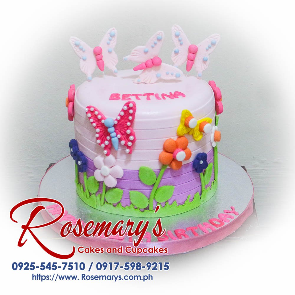 Delicious pink butterfly themed cake from Rosemary's Cakes, perfect for celebrations. Contact: 0925-545-7510.
