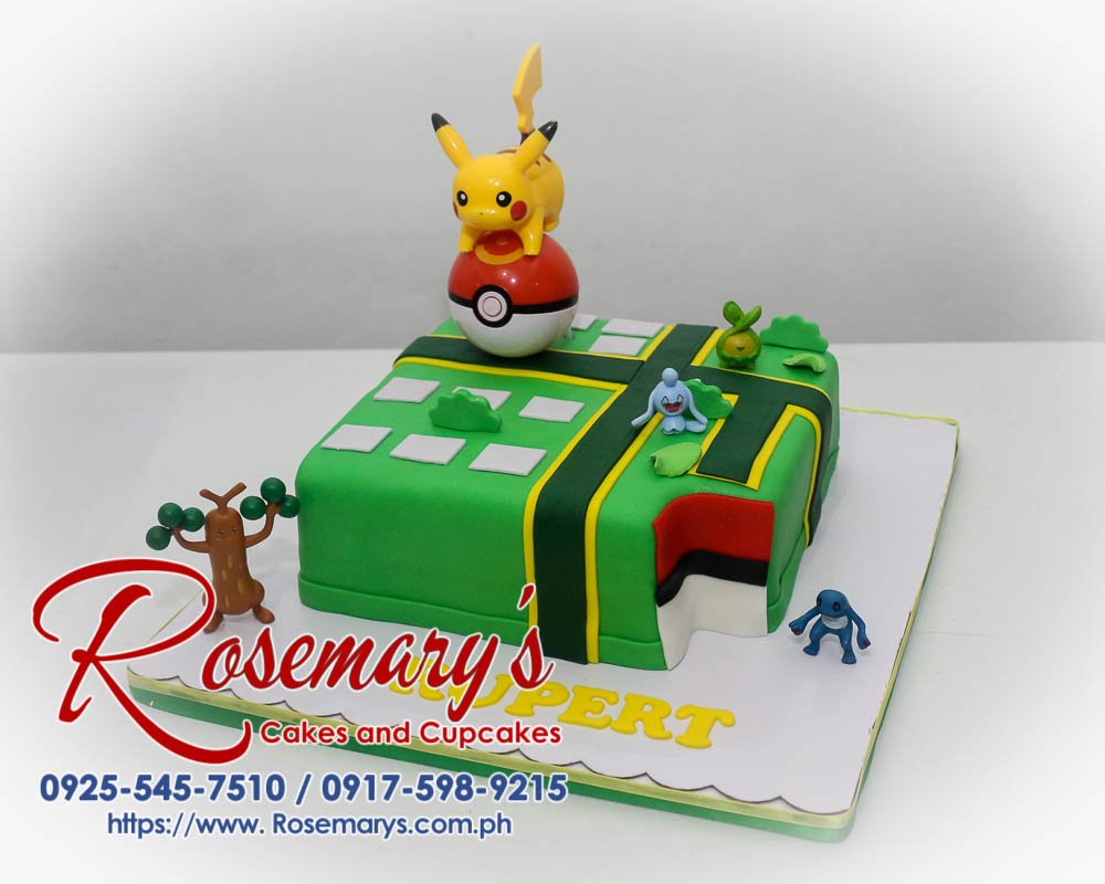 One-layer Pokémon themed cake featuring adorable Pikachu and Poké Balls decorations. Order your custom cake from Rosemary's Cakes! 0925-545-7510