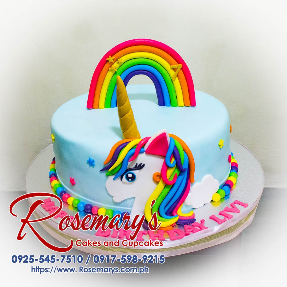 Rainbow Unicorn Cake for Livi’s Birthday Vibrant rainbow unicorn cake with intricate fondant details, perfect for weddings or special occasions. From Rosemary's Cakes, call 0917-598-9215.