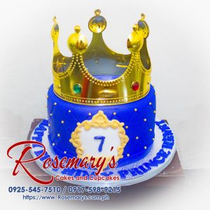 One-layer chocolate cake decorated with golden crown and scepter accents. Perfect for a prince or king! Rosemary's Cakes | 0917-598-9215