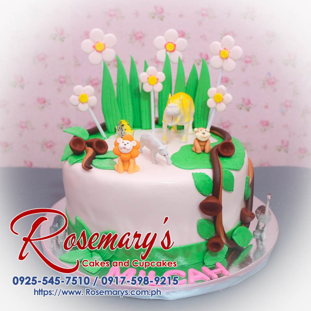 Delicious 1-layer safari themed cake by Rosemary's Cakes, featuring lush green and white designs. Contact 0917-598-9215.