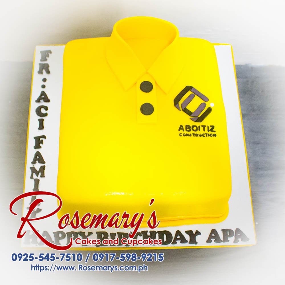Shirt Themed Birthday Cake for Apa Delicious yellow shirt-themed birthday cake by Rosemary's Cakes, perfect for celebrations. Contact: 0925-545-7510.