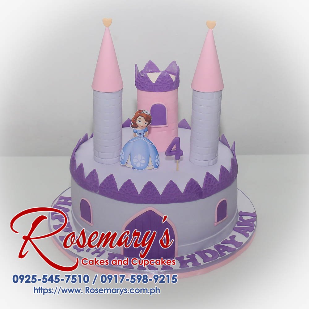 Stunning violet Sofia the First themed cake with a detailed castle design. Order your dream cake from Rosemary's Cakes! Call 0917-598-9215.