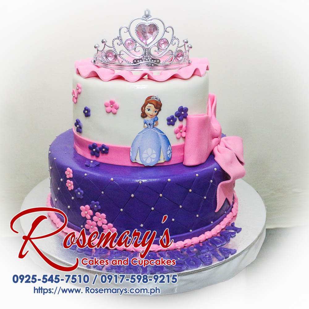 Delicious 2-layer Sofia The First themed cake, purple decoration, perfect for any celebration. Order from Rosemary's Cakes: 0925-545-7510.