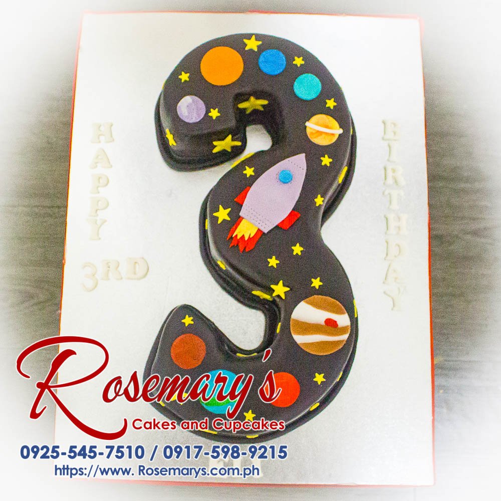 Delicious space-themed number cake with planets and stars. Perfect for birthdays and celebrations! Rosemary's Cakes | 0925-545-7510