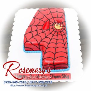 Red Spider-Man themed number cake adorned with vibrant decorations, perfect for a 4th birthday celebration. From Rosemary's Cakes, contact 0917-598-9215.