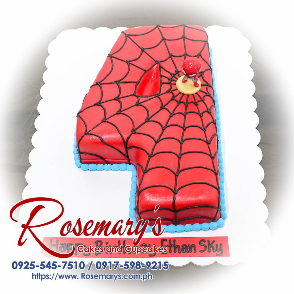 Red Spider-Man themed number cake adorned with vibrant decorations, perfect for a 4th birthday celebration. From Rosemary's Cakes, contact 0917-598-9215.