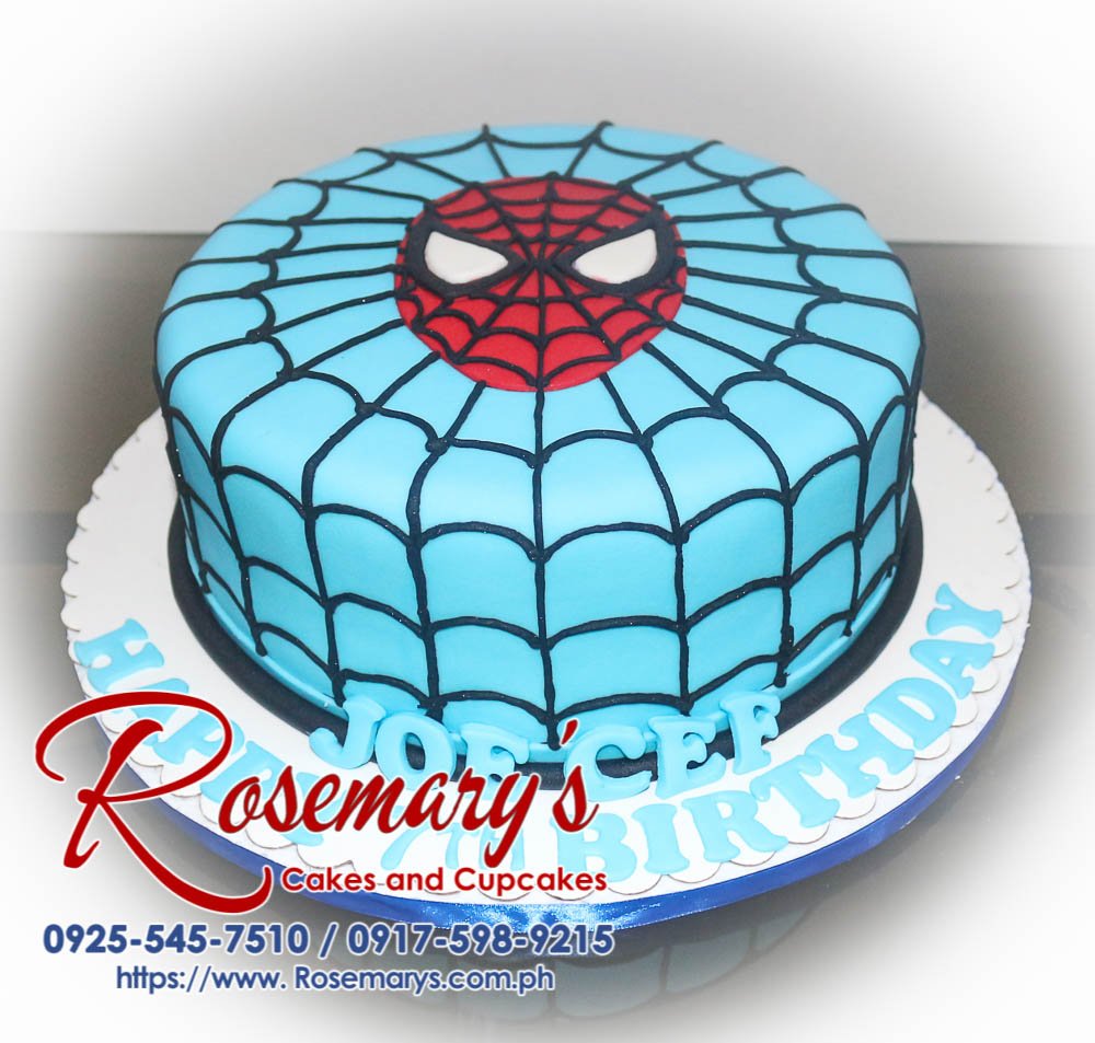 One-layer blue Spiderman birthday cake with intricate web detailing and a fondant Spiderman figurine. Made by Rosemary's Cakes (0917-598-9215)