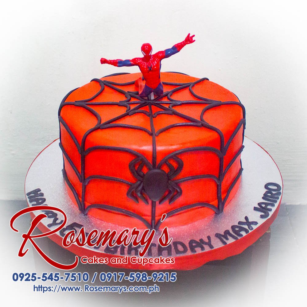 Spider-man Themed Cake for Max Jairo’s 5th Birthday Delicious Spiderman-themed cake with red and blue frosting, web details, and a fondant Spiderman figure. Order yours from Rosemary's Cakes! Call 0925-545-7510.
