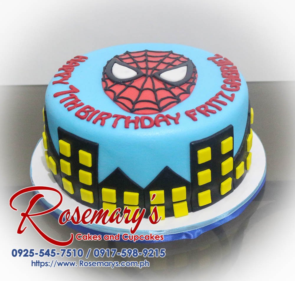Spiderman Cake for Fritz Gabriel One-layer black and blue Spiderman themed cake with red accents. Custom cakes by Rosemary's Cakes. Call 0917-598-9215.