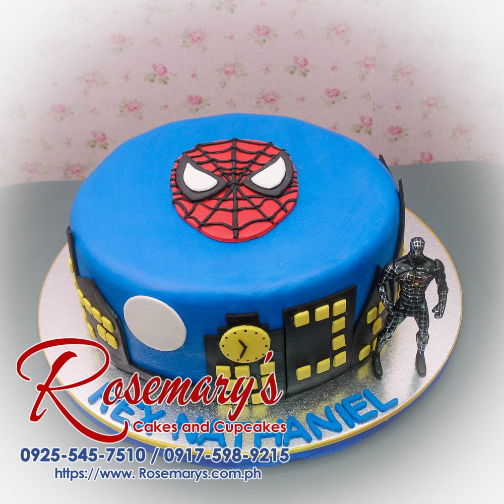 Delicious 1-layer Spiderman themed cake in vibrant blue, crafted by Rosemary's Cakes. Contact 0917-598-9215.