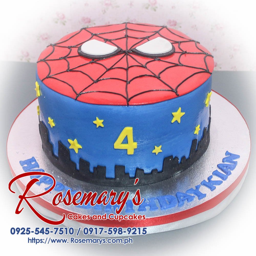 Delicious Spiderman themed 1-layer cake in blue and red, perfect for celebrations. Order from Rosemary's Cakes: 0917-598-9215.