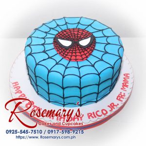 Delicious one-layer blue Spiderman themed cake with detailed frosting design. Order yours from Rosemary's Cakes! Call 0917-598-9215.