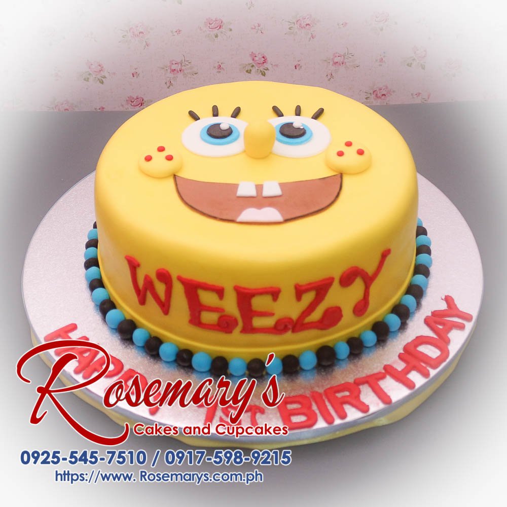 Delicious Spongebob-themed 1-layer cake in vibrant yellow, perfect for any celebration. Order from Rosemary's Cakes at 0917-598-9215.