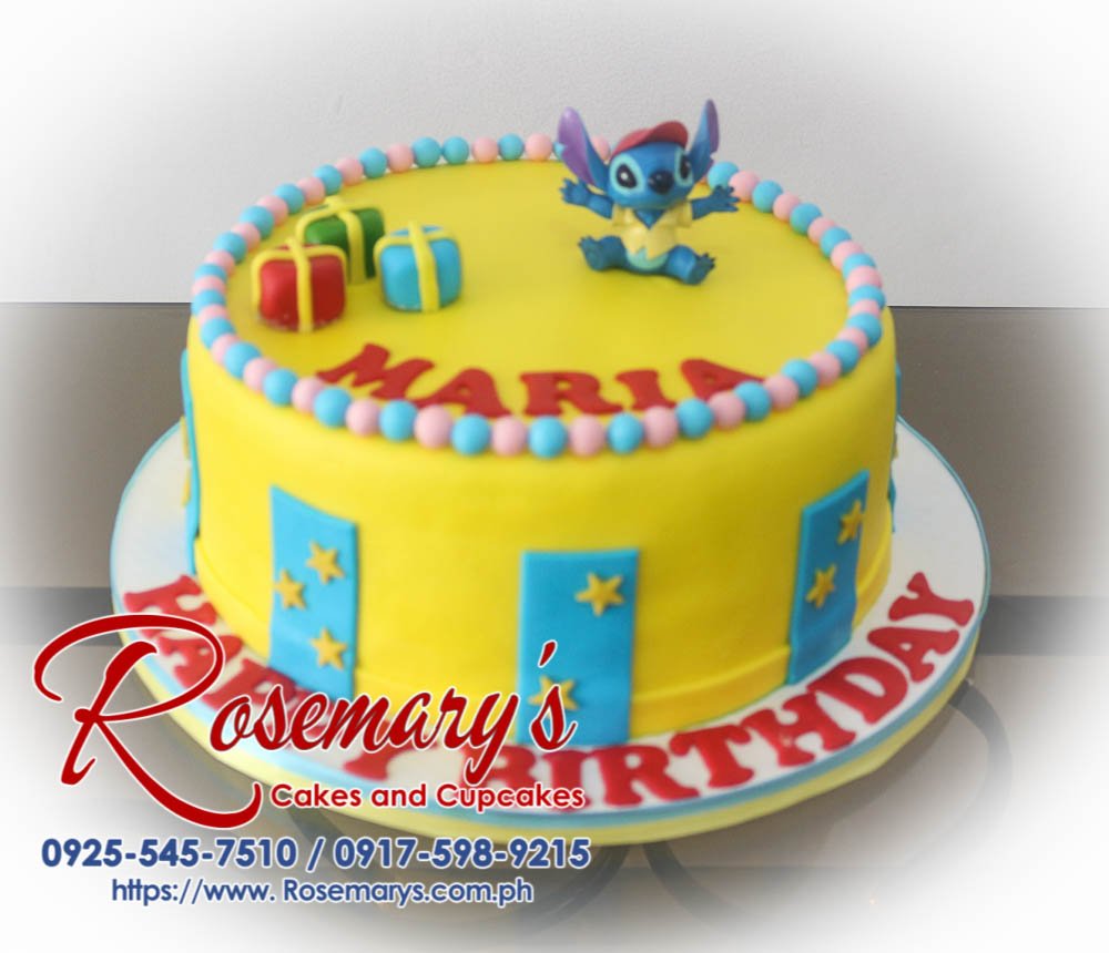 Stitch Cake For Maria Delicious one-layer yellow birthday cake decorated with a playful Stitch design. Order your custom cake from Rosemary's Cakes! Call 0917-598-9215.