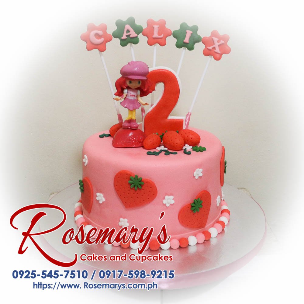 Delicious pink Strawberry Shortcake themed cake from Rosemary's Cakes, perfect for celebrations. Contact: 0925-545-7510.