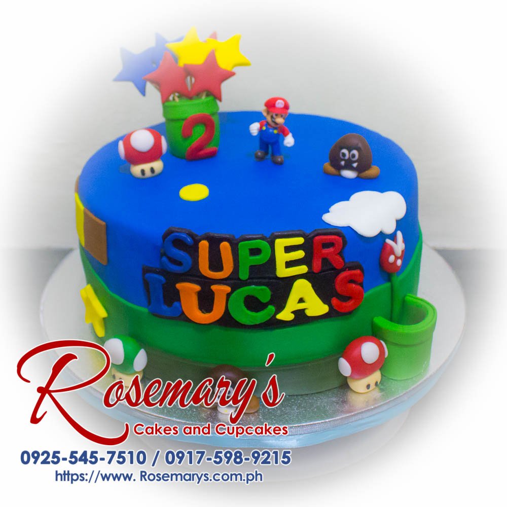 Delicious Super Mario themed 1-layer cake, featuring vibrant colors and iconic characters, from Rosemary's Cakes. Contact: 0917-598-9215.