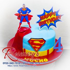 Superman themed 1-layer cake, vibrant colors, delicious design perfect for anniversaries. Order from Rosemary's Cakes: 0925-545-7510.