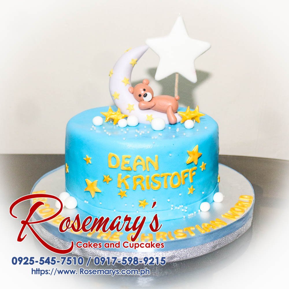 Delicious 1-layer teddy bear themed cake for a baptismal celebration by Rosemary's Cakes. Contact: 0917-598-9215.