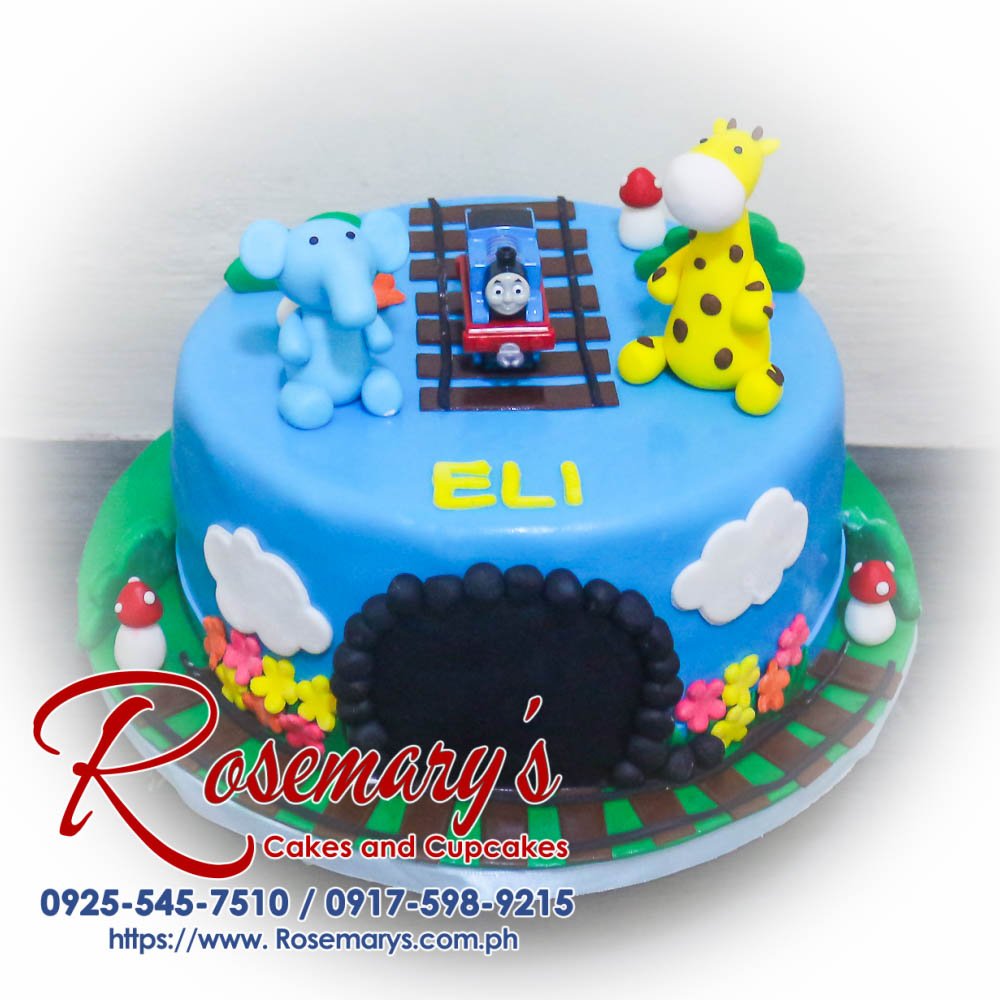 Blue Thomas the Tank Engine themed 1-layer cake, perfect for celebrations. Order from Rosemary's Cakes at 0917-598-9215.