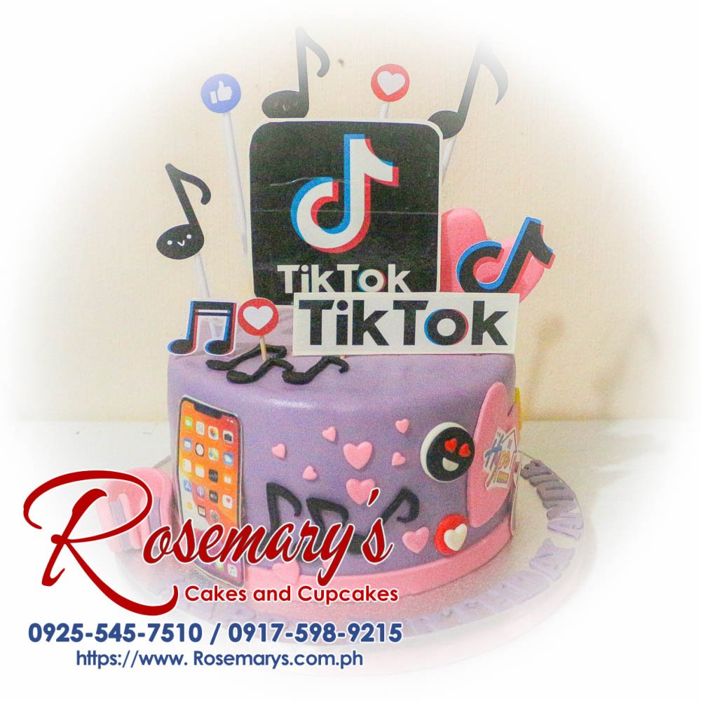 Delicious pink and purple TikTok themed 1-layer cake by Rosemary's Cakes. For orders, call 0925-545-7510.
