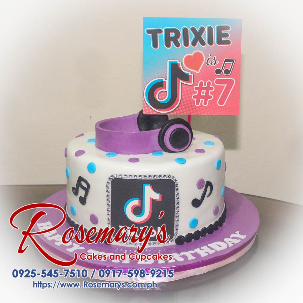 Tiktok Themed Cake for Trixie’s 7th Birthday Colorful TikTok themed 1-layer cake adorned with vibrant frosting, perfect for celebrations. Order from Rosemary's Cakes: 0925-545-7510.