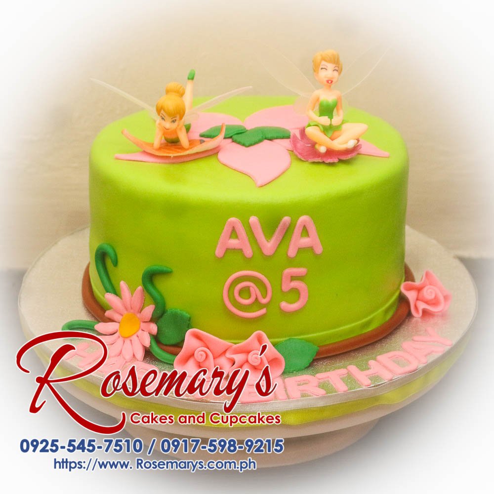 Tinkerbell themed 1-layer cake in vibrant green, decorated with whimsical details. Order from Rosemary's Cakes, 0925-545-7510.