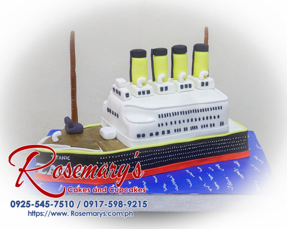 Two-layer Titanic themed cake adorned with intricate ship details. A delicious treat from Rosemary's Cakes. 0925-545-7510.