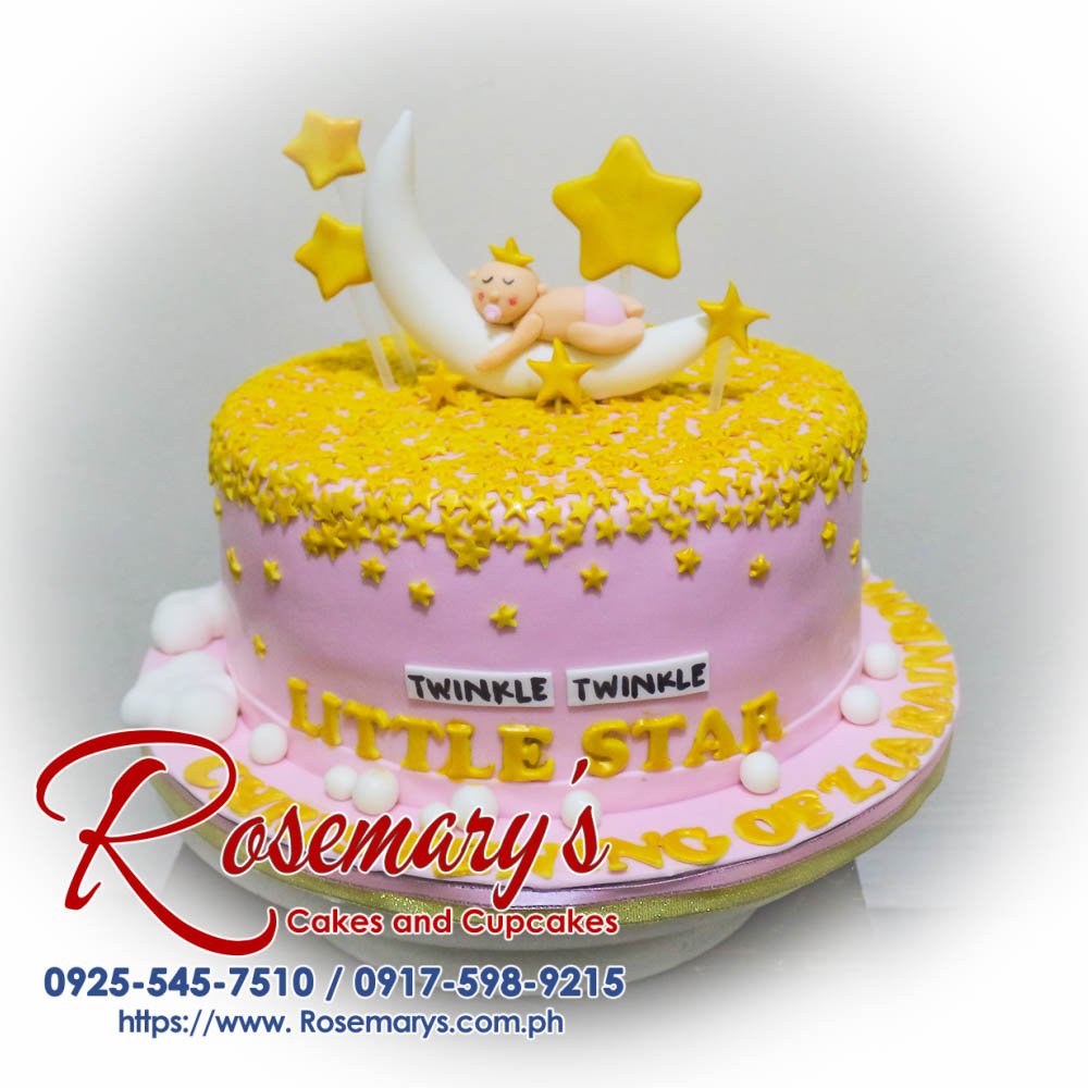 Delicious pink 1-layer Twinkle Twinkle Little Star cake by Rosemary's Cakes, perfect for christenings and anniversaries. Contact: 0917-598-9215.
