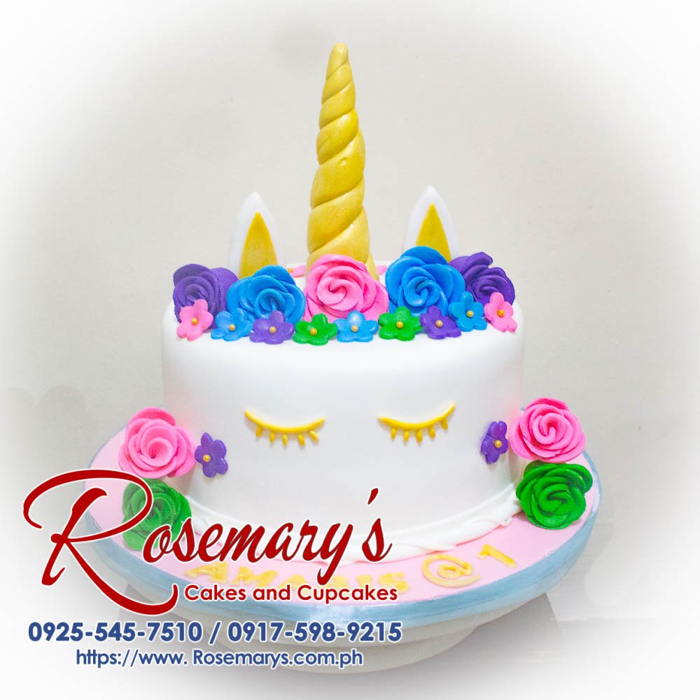 Unicorn Themed 1 Layer Cake for Amaris’ 1st Birthday Sparkly one-layer unicorn cake with rainbow buttercream frosting and a golden horn. Order your custom cake from Rosemary's Cakes: 0917-598-9215