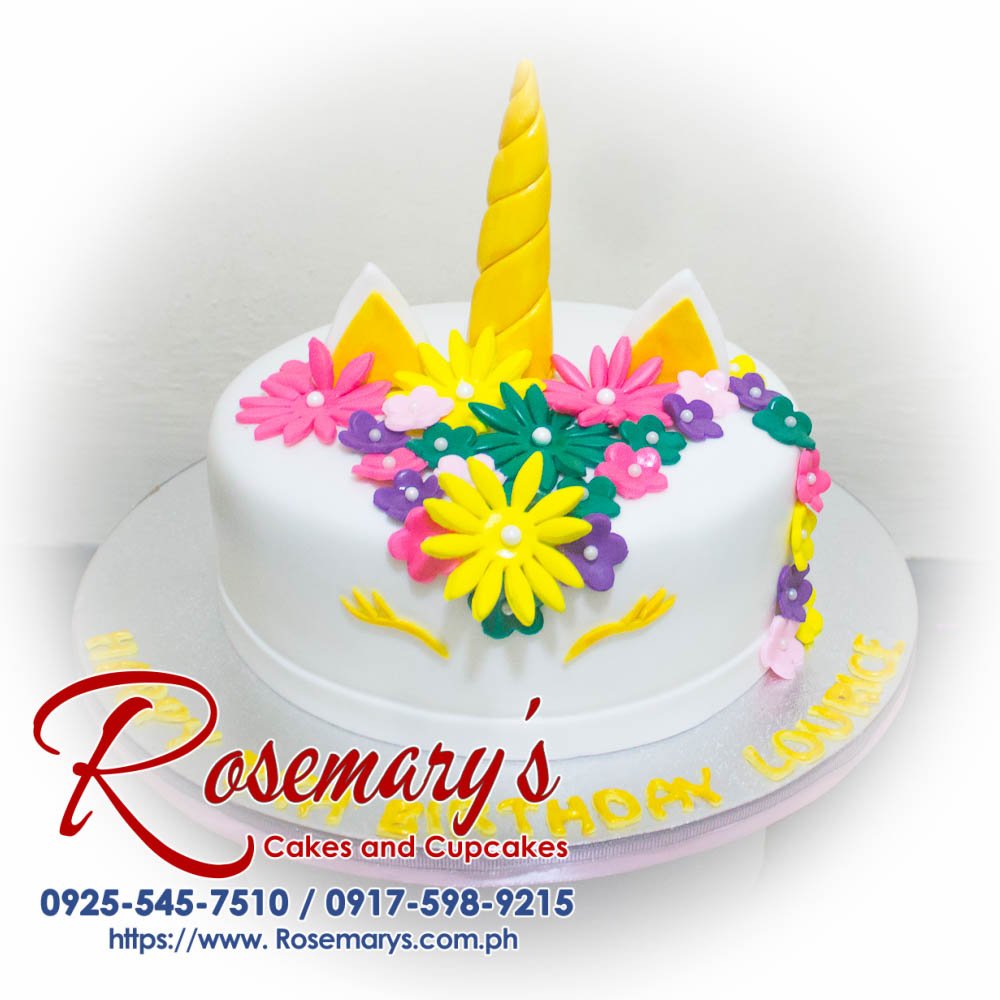 Unicorn Themed 1 Layer Cake for Lourice Delicious unicorn-themed 1 layer cake with vibrant colors, perfect for celebrations. Order from Rosemary's Cakes at 0925-545-7510.