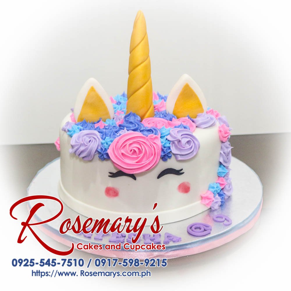 One-layer violet cake with gold accents and a majestic unicorn topper. Delicious cakes from Rosemary's Cakes - call 0917-598-9215!
