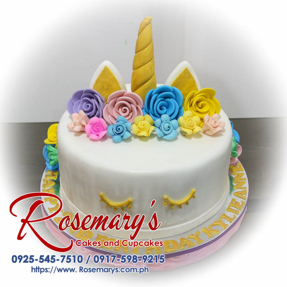 Delicious unicorn themed 1 layer cake with gold accents from Rosemary's Cakes. Contact 0925-545-7510 for orders!
