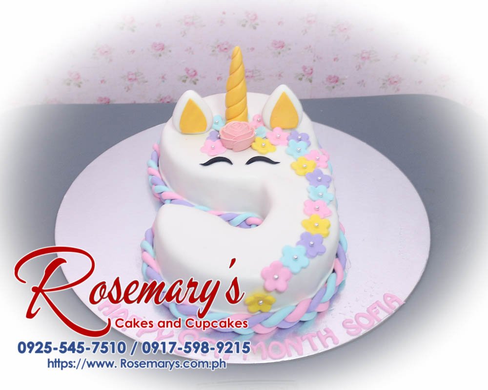 Vibrant unicorn themed 1 layer number cake, beautifully decorated with pastel colors and edible glitter. Rosemary's Cakes, 0925-545-7510.