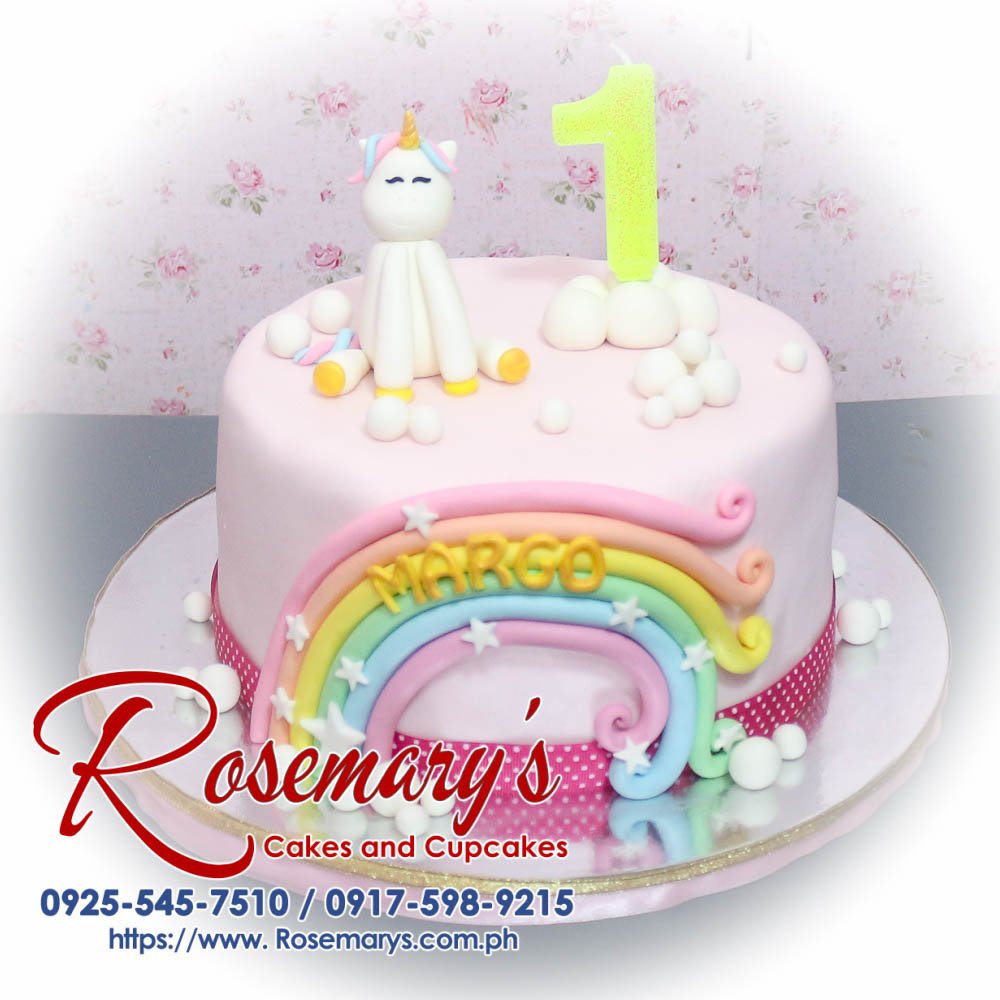 Delicious pastel unicorn cake, 1 layer, adorned with rainbow sprinkles, perfect for themed celebrations. Rosemary's Cakes, 0925-545-7510.