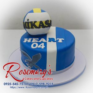 Delicious one-layer blue volleyball themed cake with a fondant volleyball design. Order your custom cake from Rosemary's Cakes! Call 0925-545-7510.