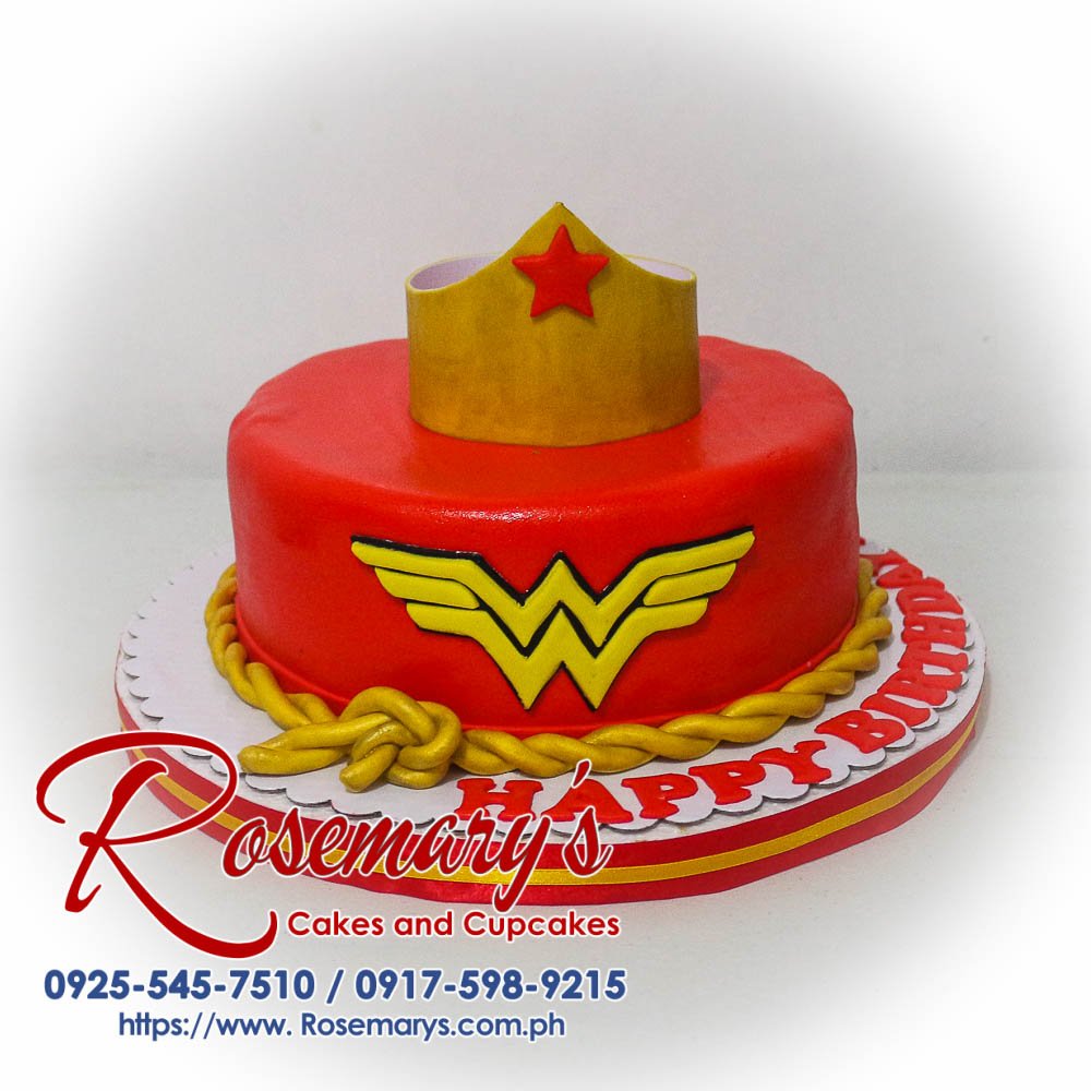 Wonder Woman Themed 1-Layer Cake Red velvet 1-layer birthday cake decorated with a Wonder Woman theme. Order your custom cake from Rosemary's Cakes: 0917-598-9215.
