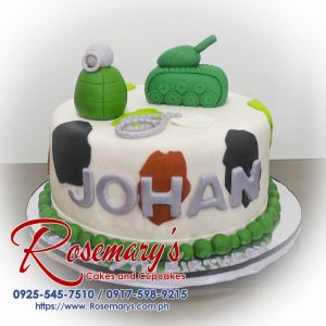 Delicious 1 layer army-themed cake featuring a green design, tank decor, perfect for any birthday. Rosemary's Cakes, 0925-545-7510.