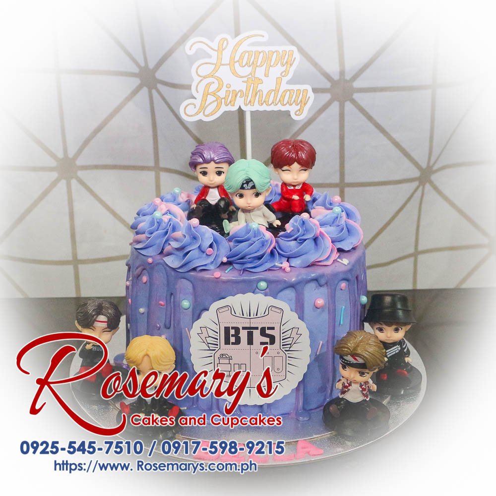1 Layer BTS Themed Cake for Bella’s Birthday Delicious 1 layer BTS themed cake in vibrant purple, perfect for KPop fans. Order from Rosemary's Cakes: 0925-545-7510.
