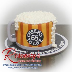 Delicious 1 layer beer mug themed cake from Rosemary's Cakes, featuring edible beer foam and intricate details. Call 0925-545-7510.
