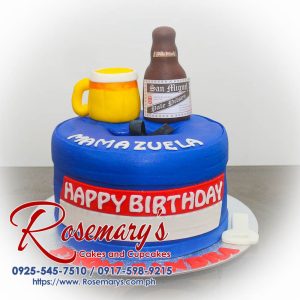 Delicious 1 layer beer-themed cake adorned in blue, featuring San Miguel beer details. From Rosemary's Cakes, 0917-598-9215.