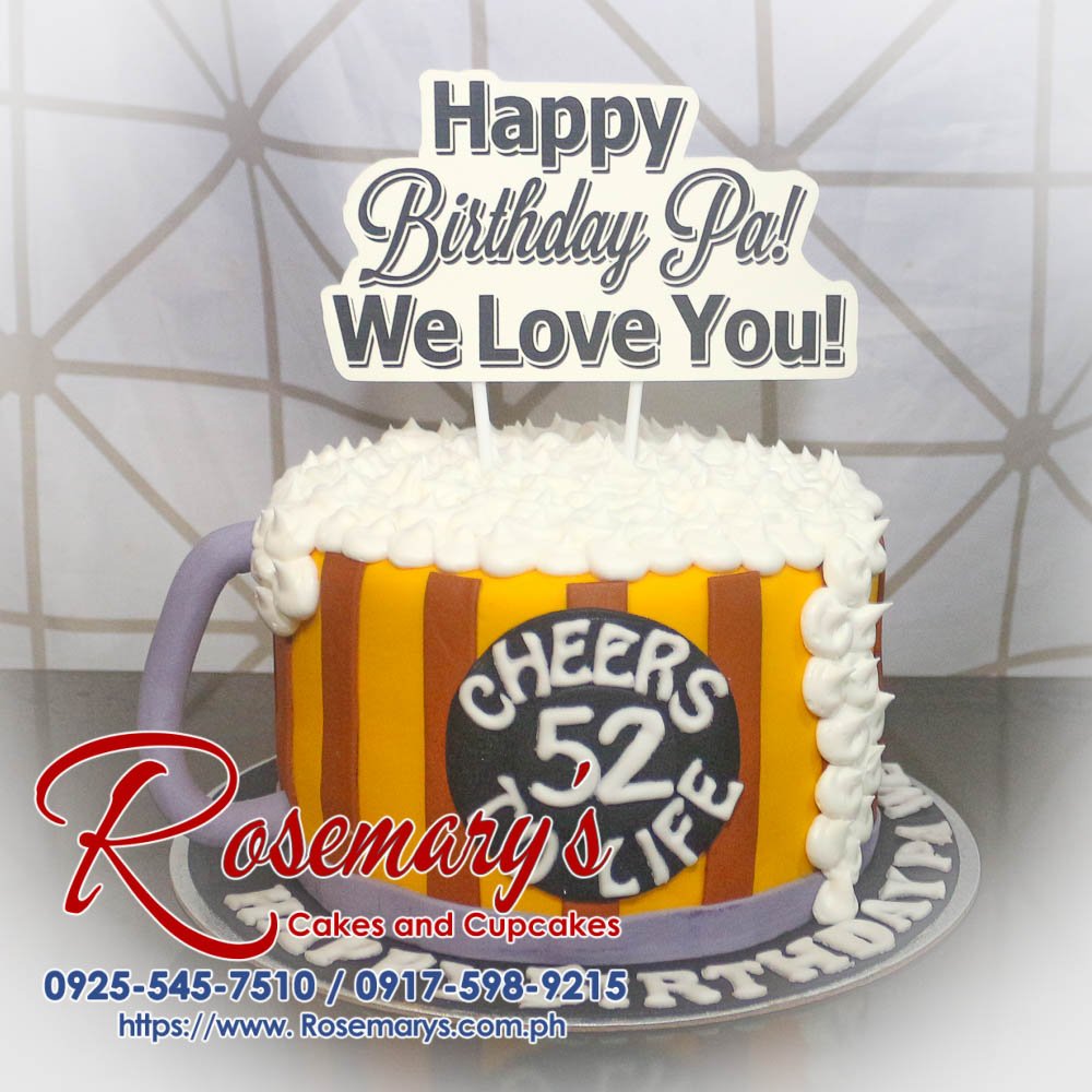 Delicious 1 layer beer themed cake with rich chocolate frosting, perfect for celebrations. Order from Rosemary's Cakes: 0925-545-7510.