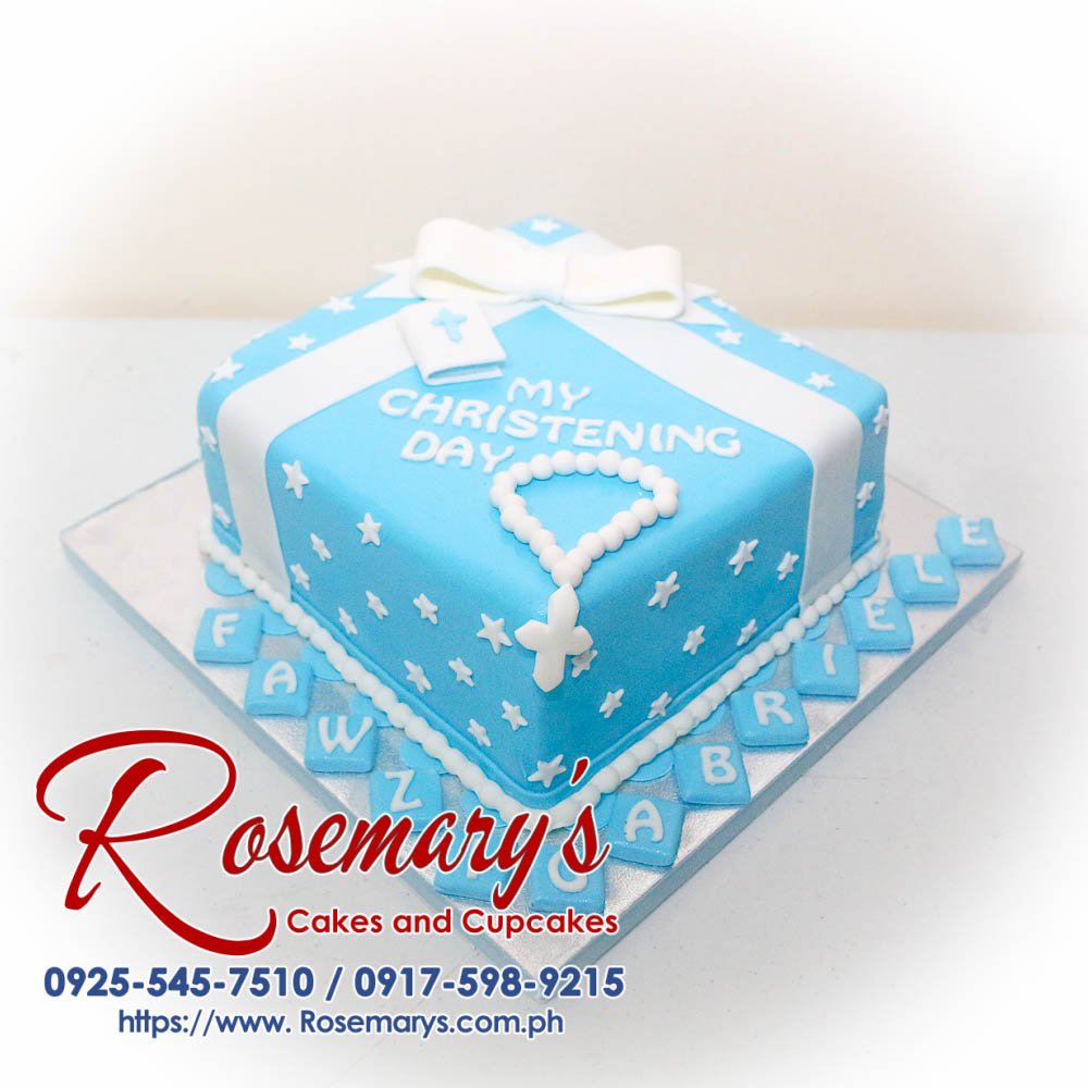 1 Layer Cake for Fawzi Gabrielle’s Christening Delicious 1 layer baptismal cake in blue, perfect for a christening. Order from Rosemary's Cakes: 0917-598-9215.