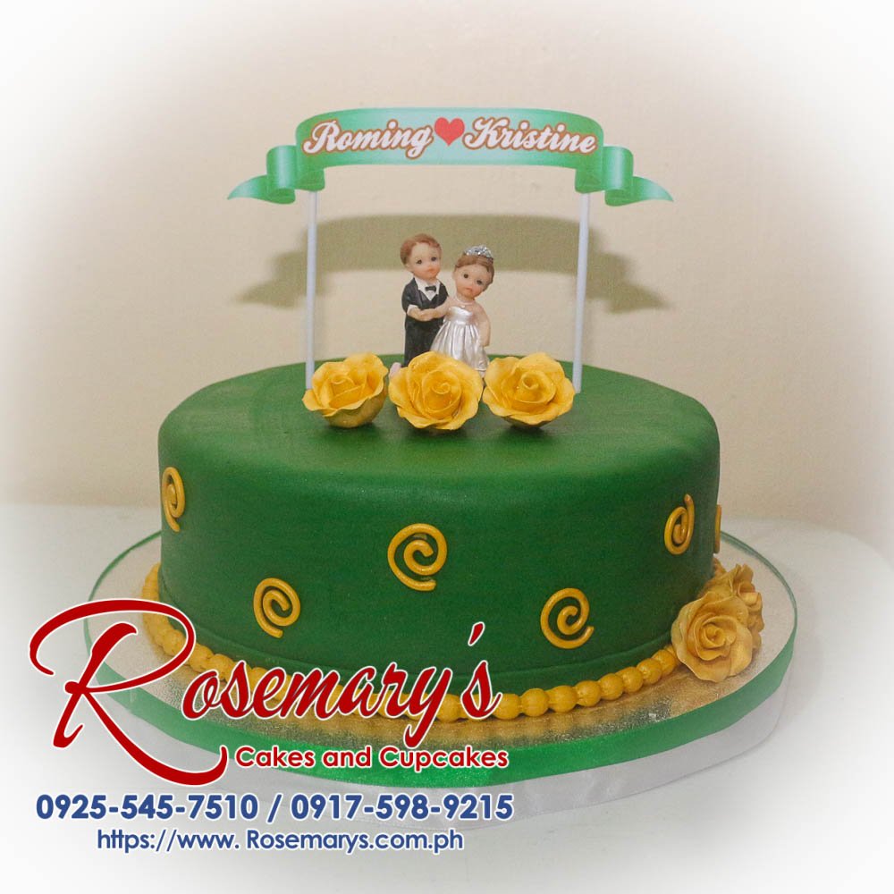 Delicious 1 layer green wedding cake with elegant floral accents, crafted by Rosemary's Cakes. Contact 0917-598-9215.