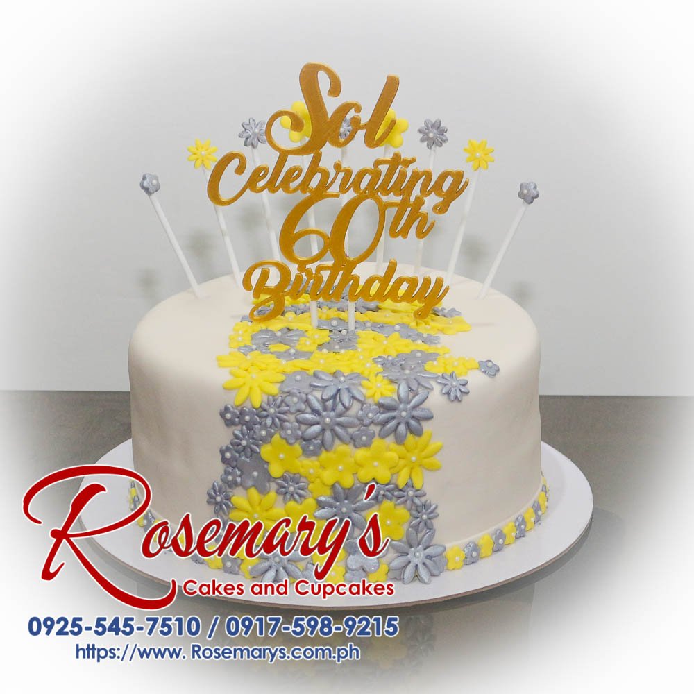 1 Layer Cake for Sol’s 60th Birthday Delicious 1 layer cake adorned with flowers and gold accents, featuring 3D printed decorations by Rosemary's Cakes. Contact: 0917-598-9215.