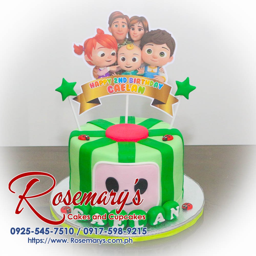 Delicious 1 layer Cocomelon themed cake with vibrant green frosting, perfect for birthdays. Order from Rosemary's Cakes: 0917-598-9215.